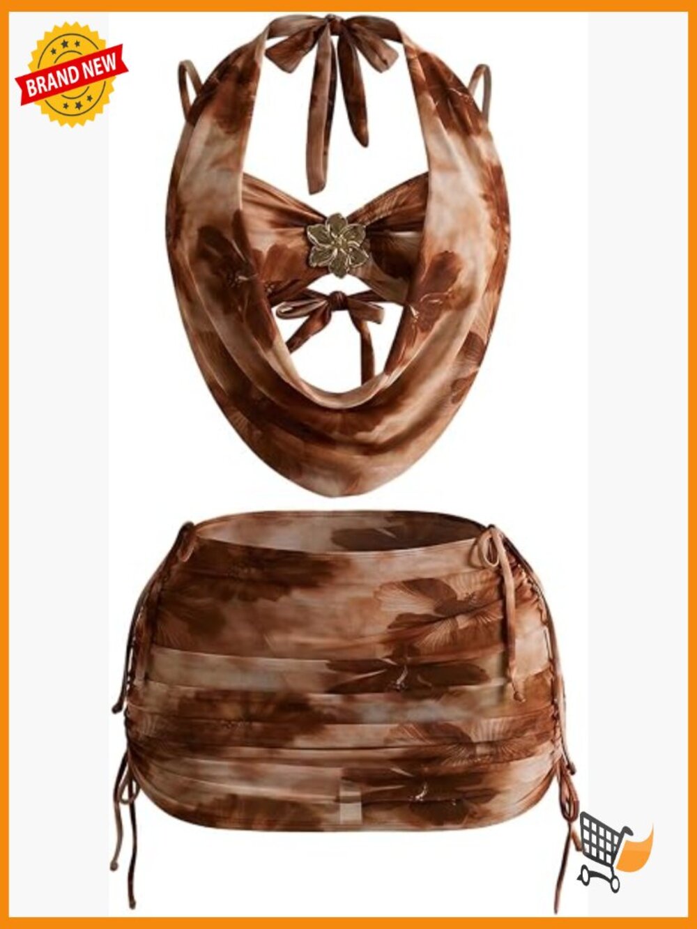 3 Piece Boho Floral Halter Bikini Set with Cover Up Skirt Cheeky Swimwear